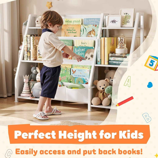 3 Tier Kids Bookshelf Toy Organizer In White Wood And Metal