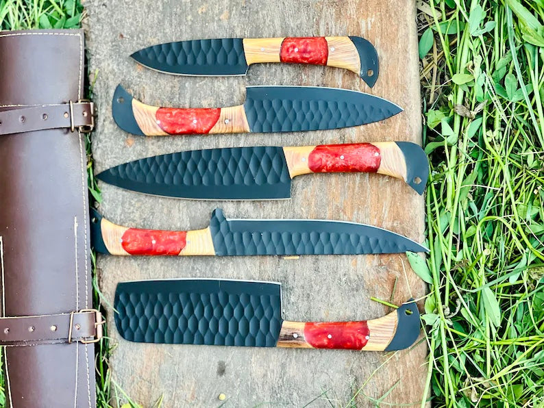 Best Japanese Kitchen Knife Set – 13" Forged Stainless Steel Chef Knife with Olivewood & Resin Handle + Leather Sheath