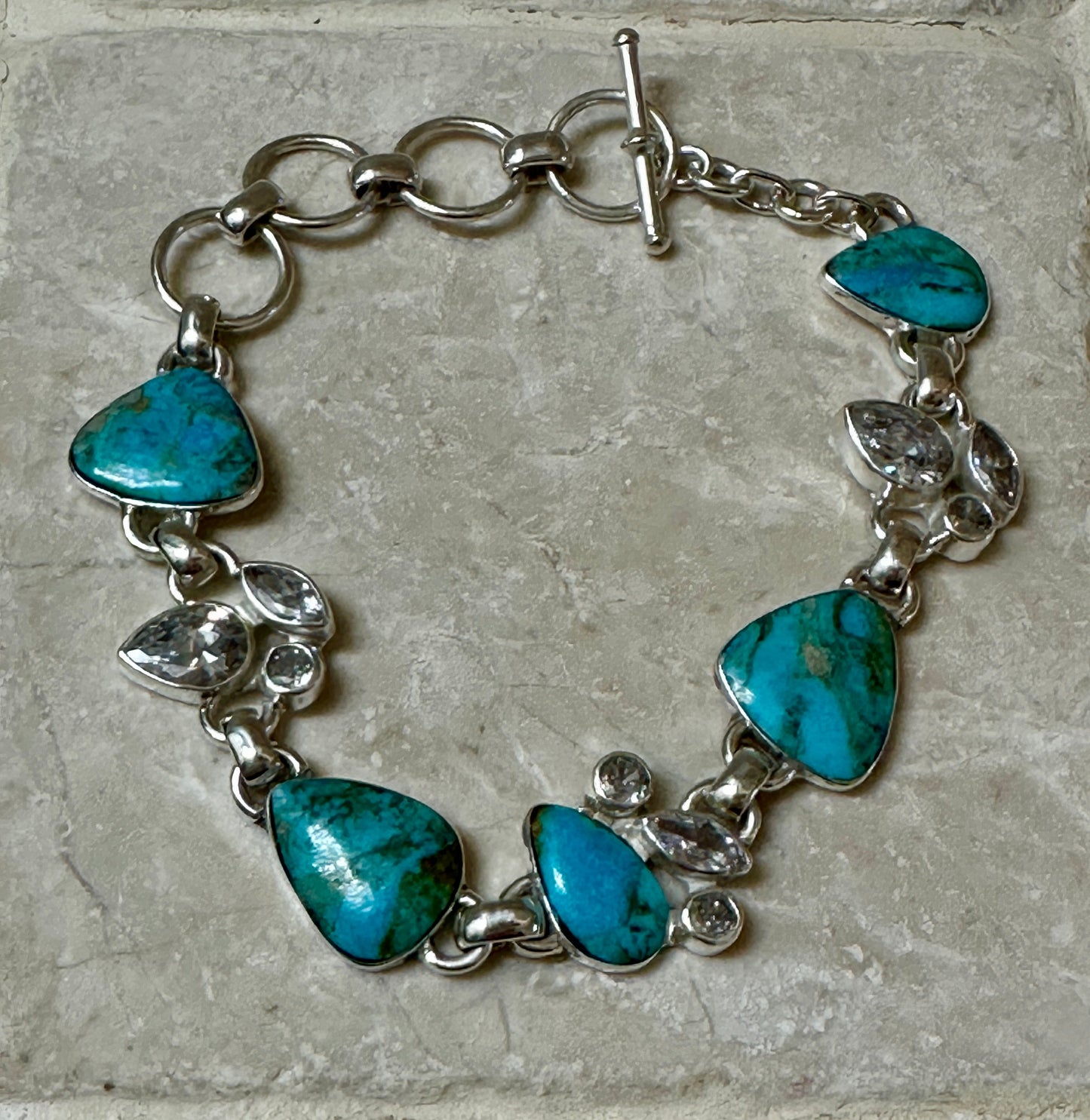 Turquoise 5 Stone & CZ Sterling Silver Bracelet