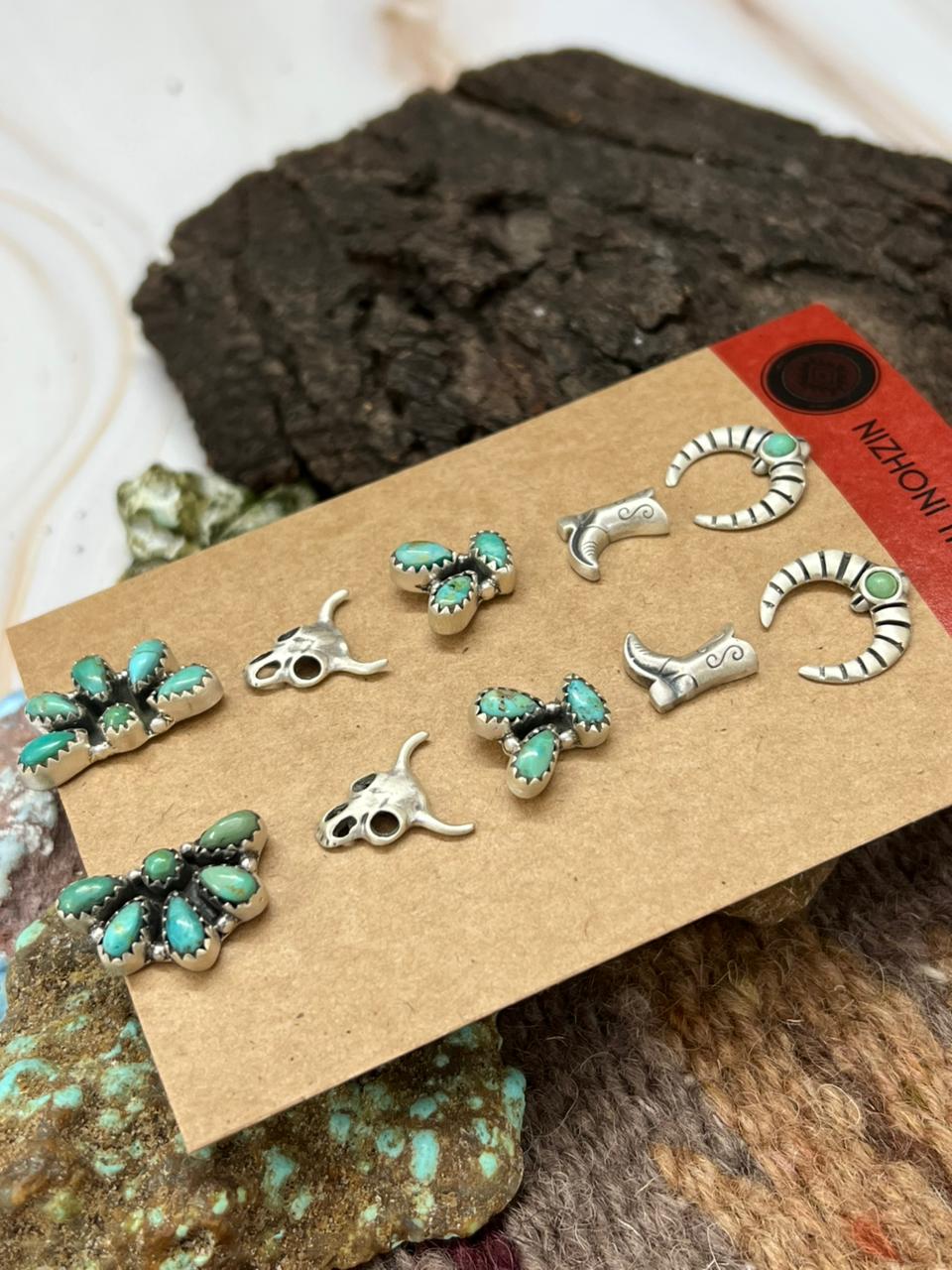 Handmade Sterling Silver Kingman Turquoise Post Studs (Cards) Earring Set