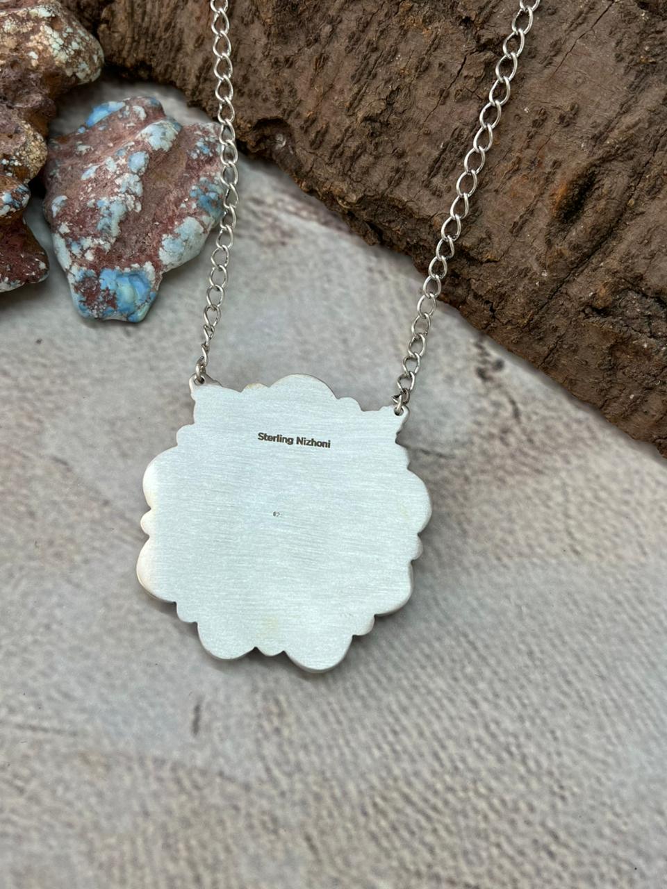 Handmade Sterling Silver Lander Turquoise Necklace with Signed Nizhoni