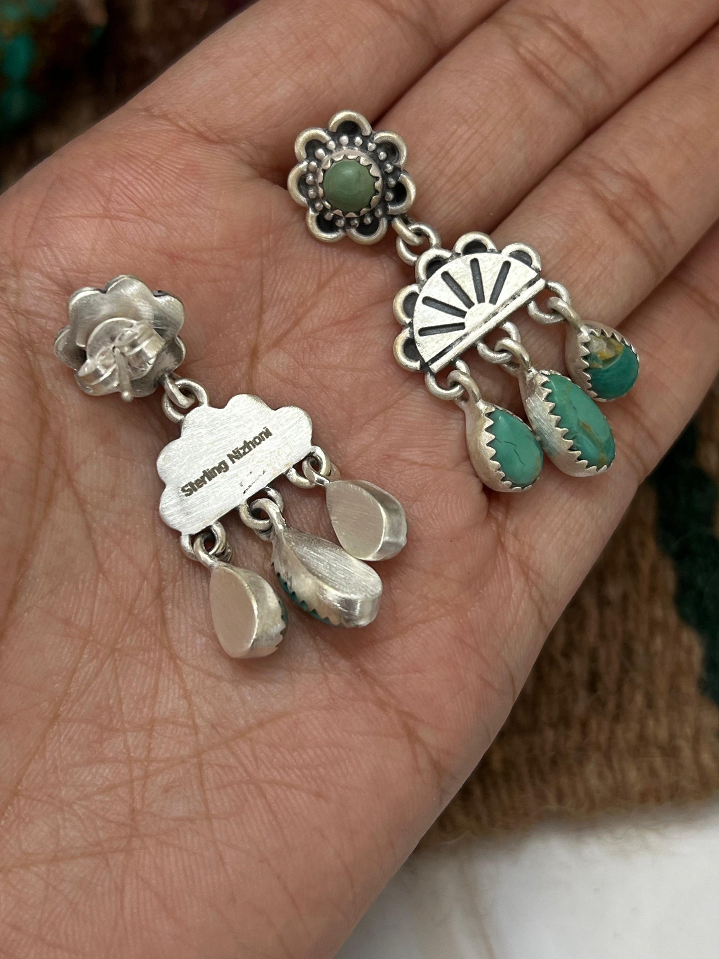 Handmade Sterling Silver Kingman Turquoise Post Dangle Earrings with Signed Nizhoni