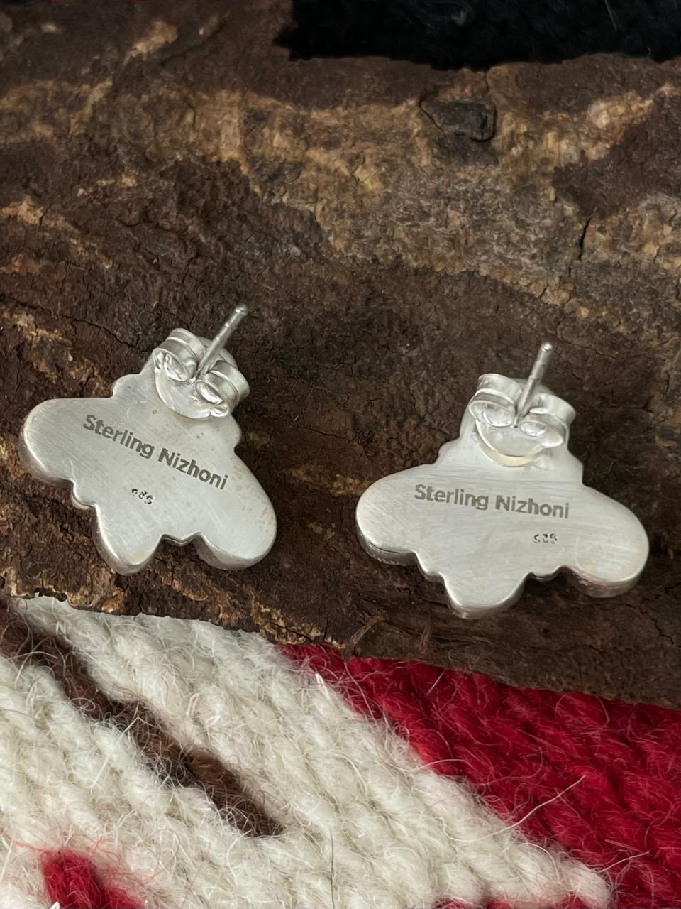 Handmade Sterling Silver Dahlia Rose with Emerald Valley Turquoise Post Earrings "Signed Nizhoni"