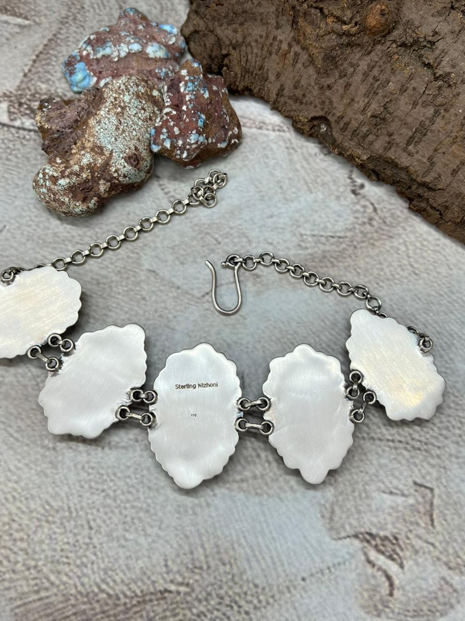 Handmade Sterling Silver Lander Turquoise Choker Necklace with Signed Nizhoni