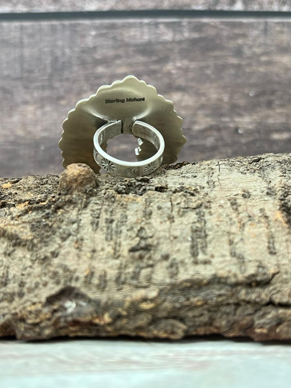 Handmade Sterling Silver Sonoran Mountain Turquoise Naja Adjustable Ring With Signed Nizhoni