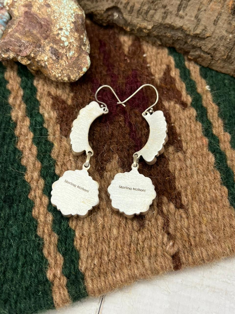 Handmade Sterling Silver White Buffalo Post Dangle Earrings with Signed Nizhoni (7)