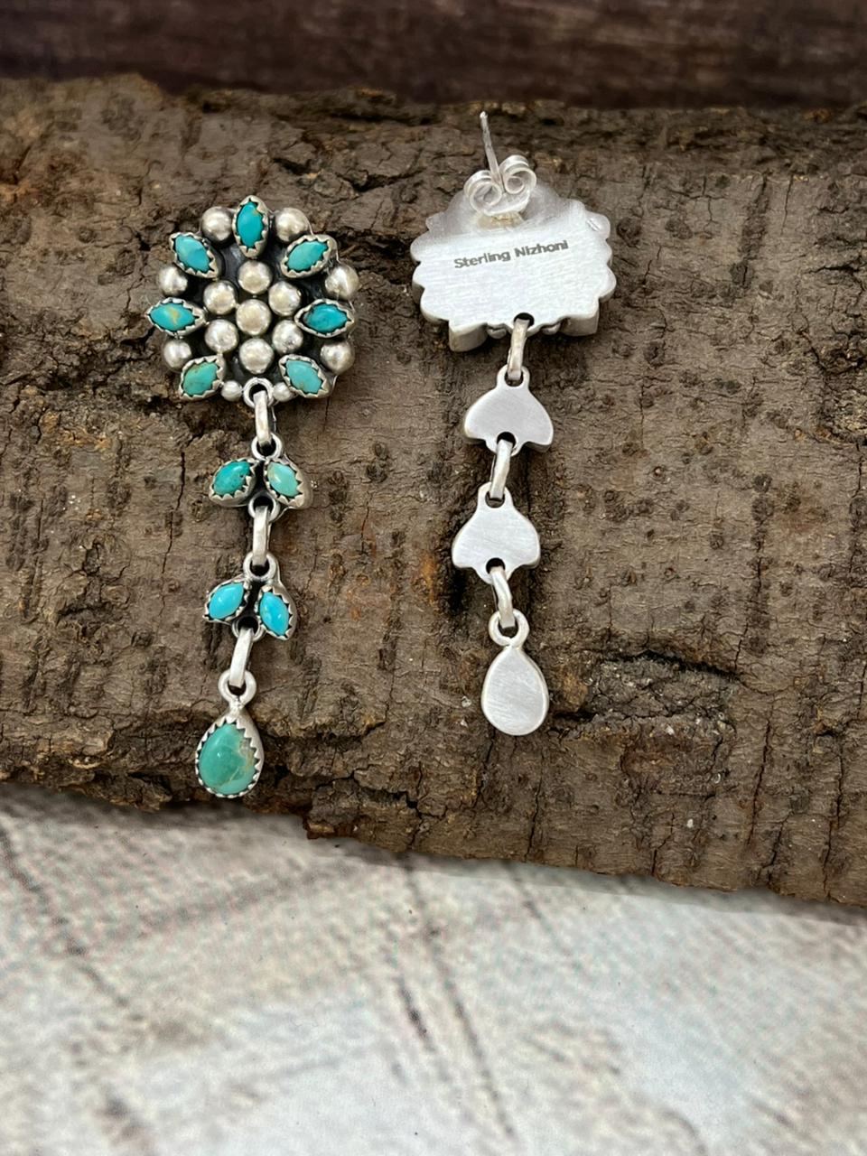 Handmade Sterling Silver Kingman Turquoise Post Dangle Earrings with Signed Nizhoni