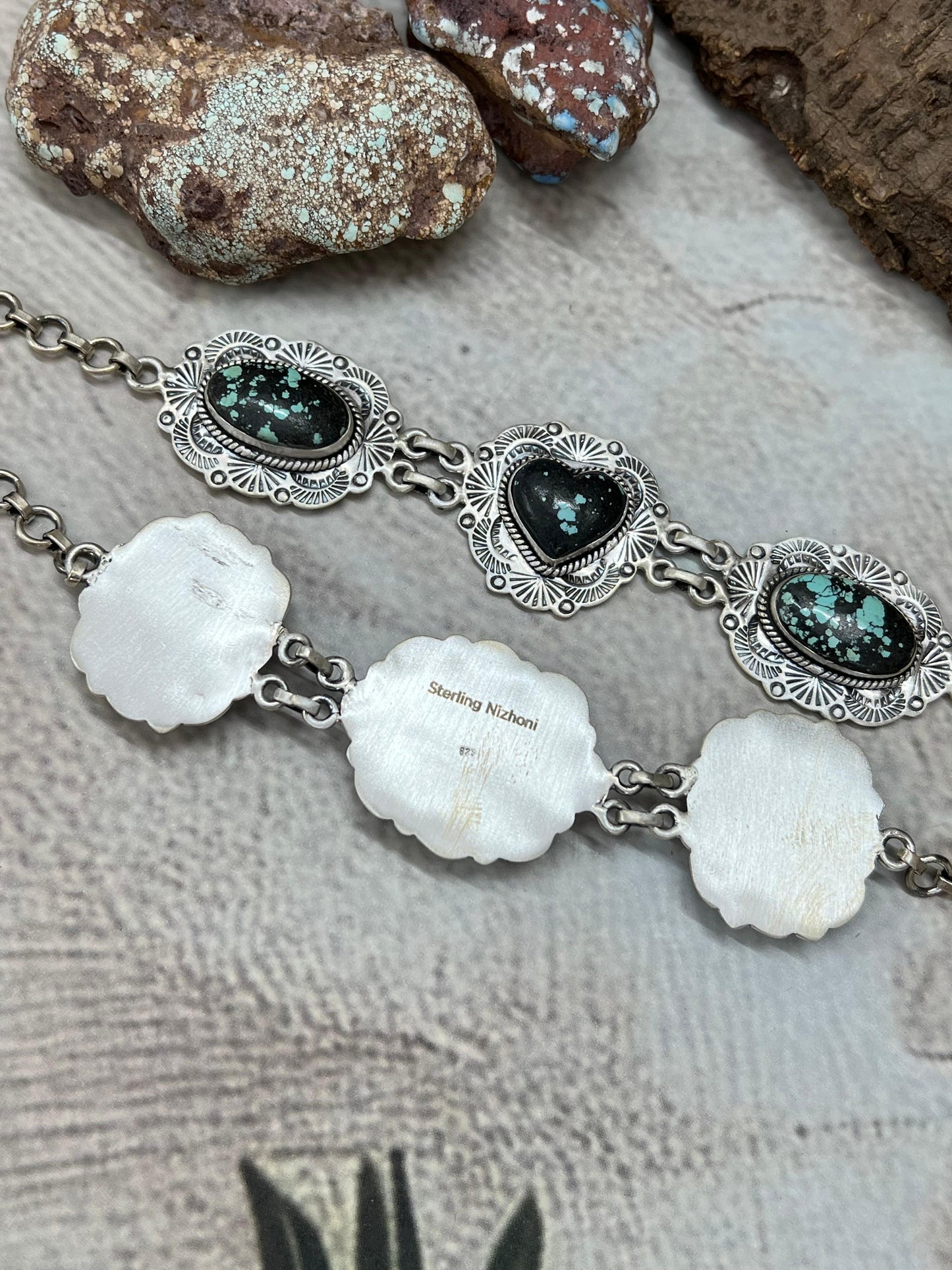 Handmade Sterling Silver Lander Turquoise Chain Bracelet with Signed Nizhoni