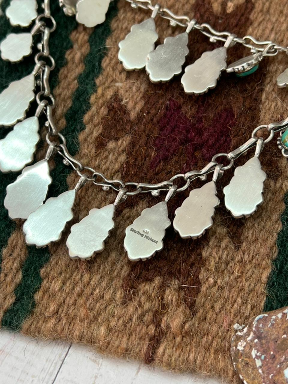 Handmade Sterling Silver Kingman Turquoise Double Layered Necklace with Signed Nizhoni