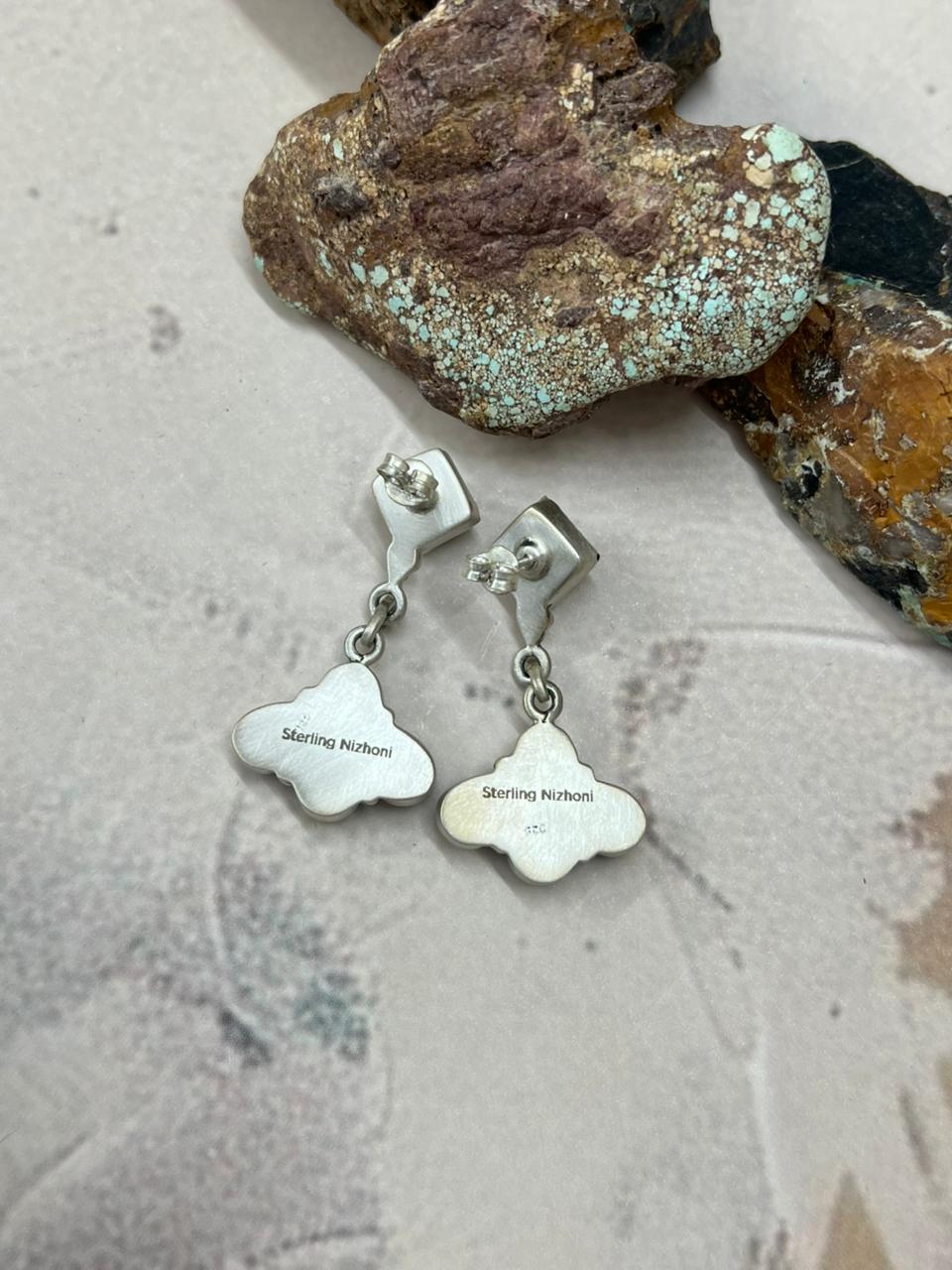 Handmade Sterling Silver White Buffalo Post Dangle Earrings "Signed Nizhoni"