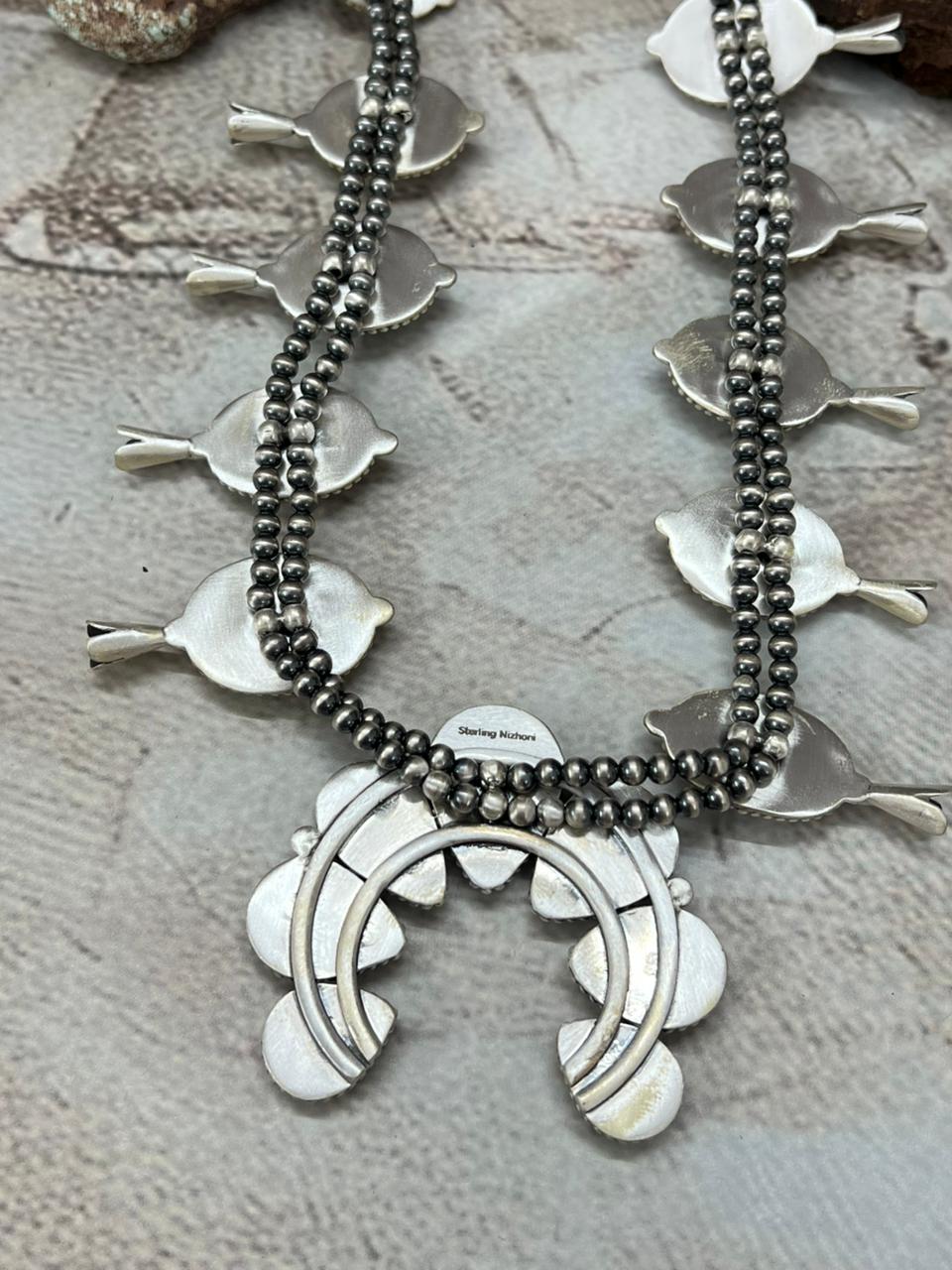 Handmade Sterling Silver Royston Ribbon Turquoise Squash Blossom Beaded Necklace with Signed Nizhoni