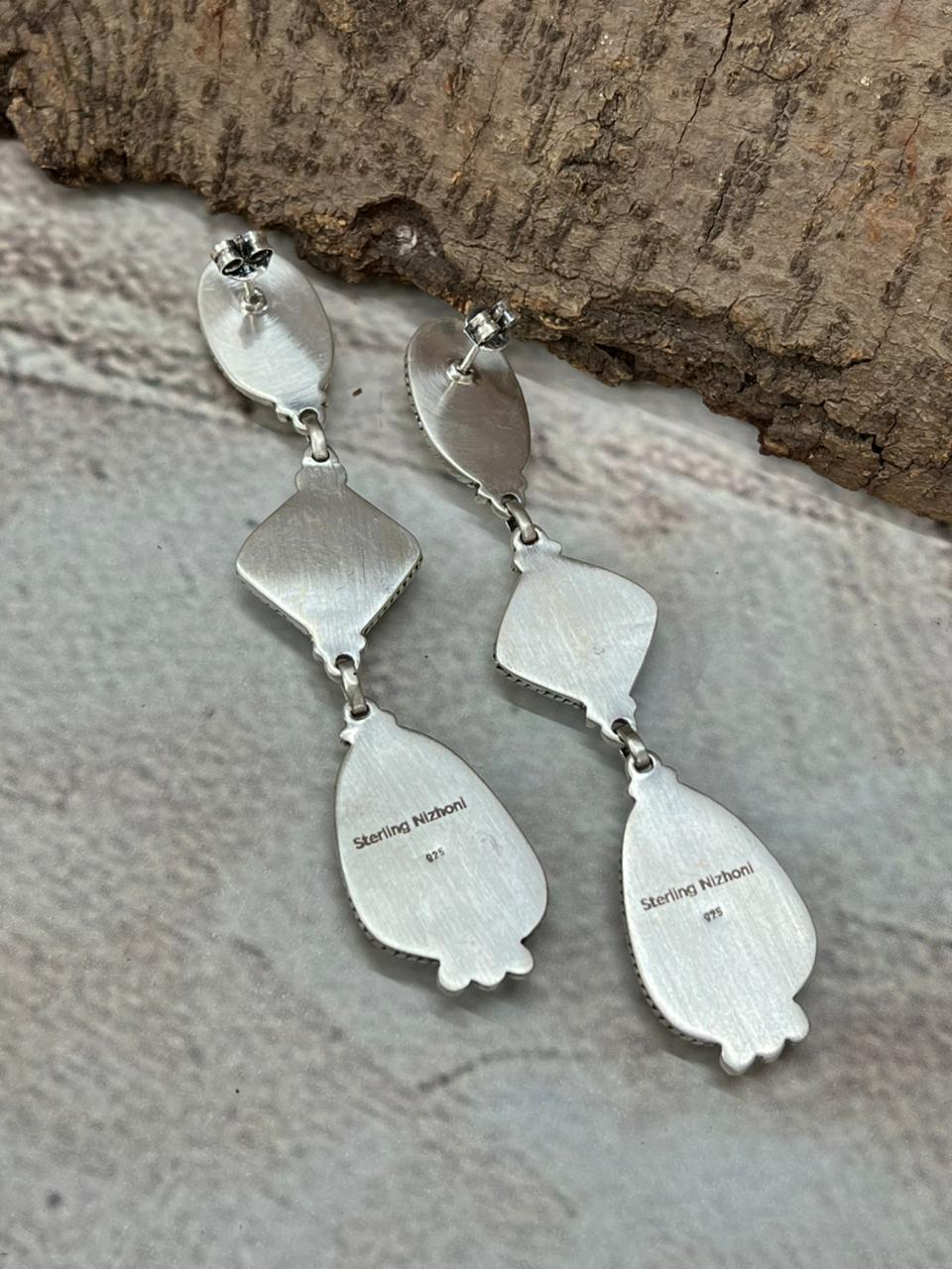 Handmade Sterling Silver Number 8 Turquoise Post Dangle Earrings with Signed Nizhoni (1)