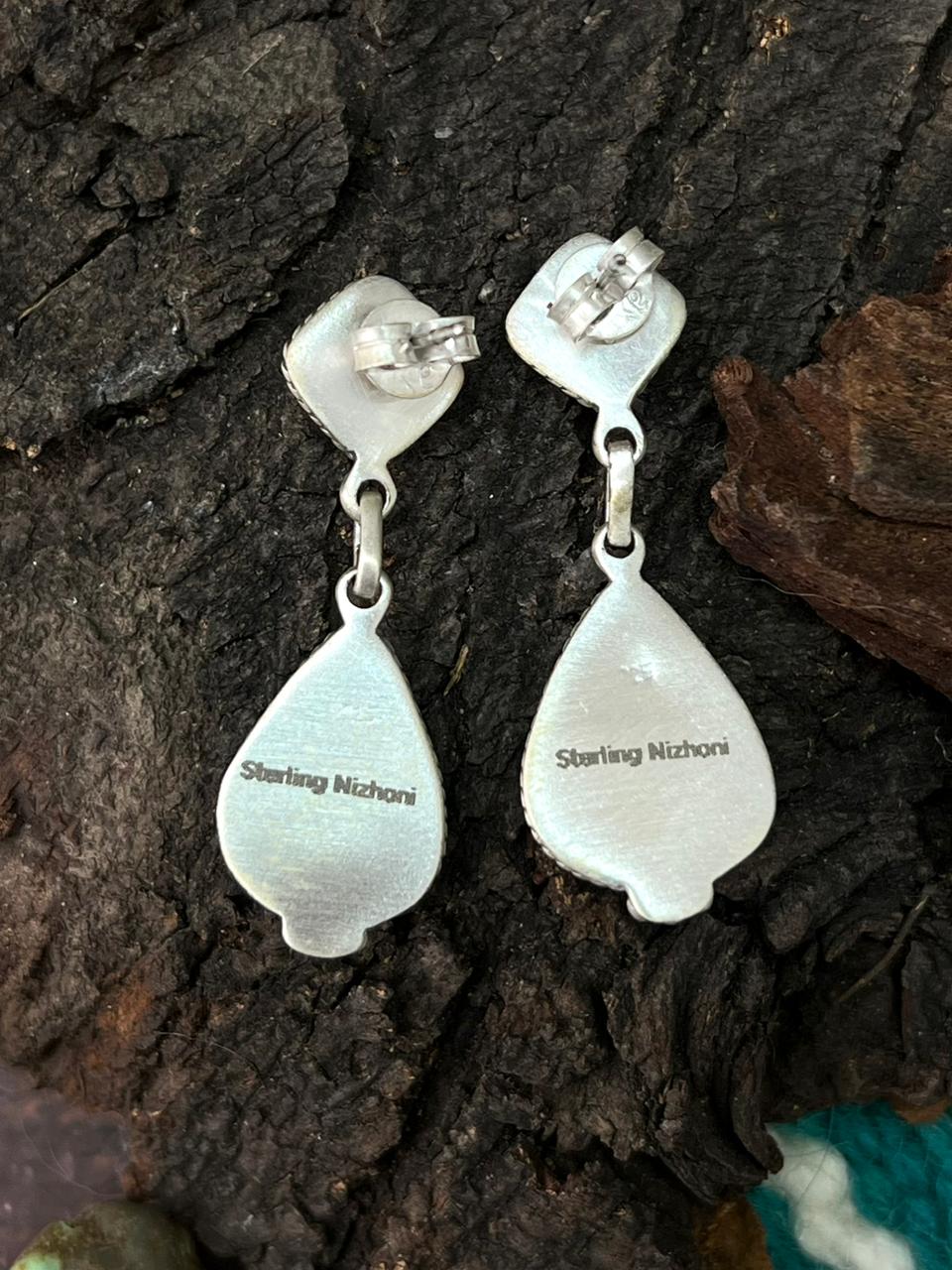 Handmade Sterling Silver Golden Hills Turquoise Post Dangle Earrings "Signed Nizhoni"