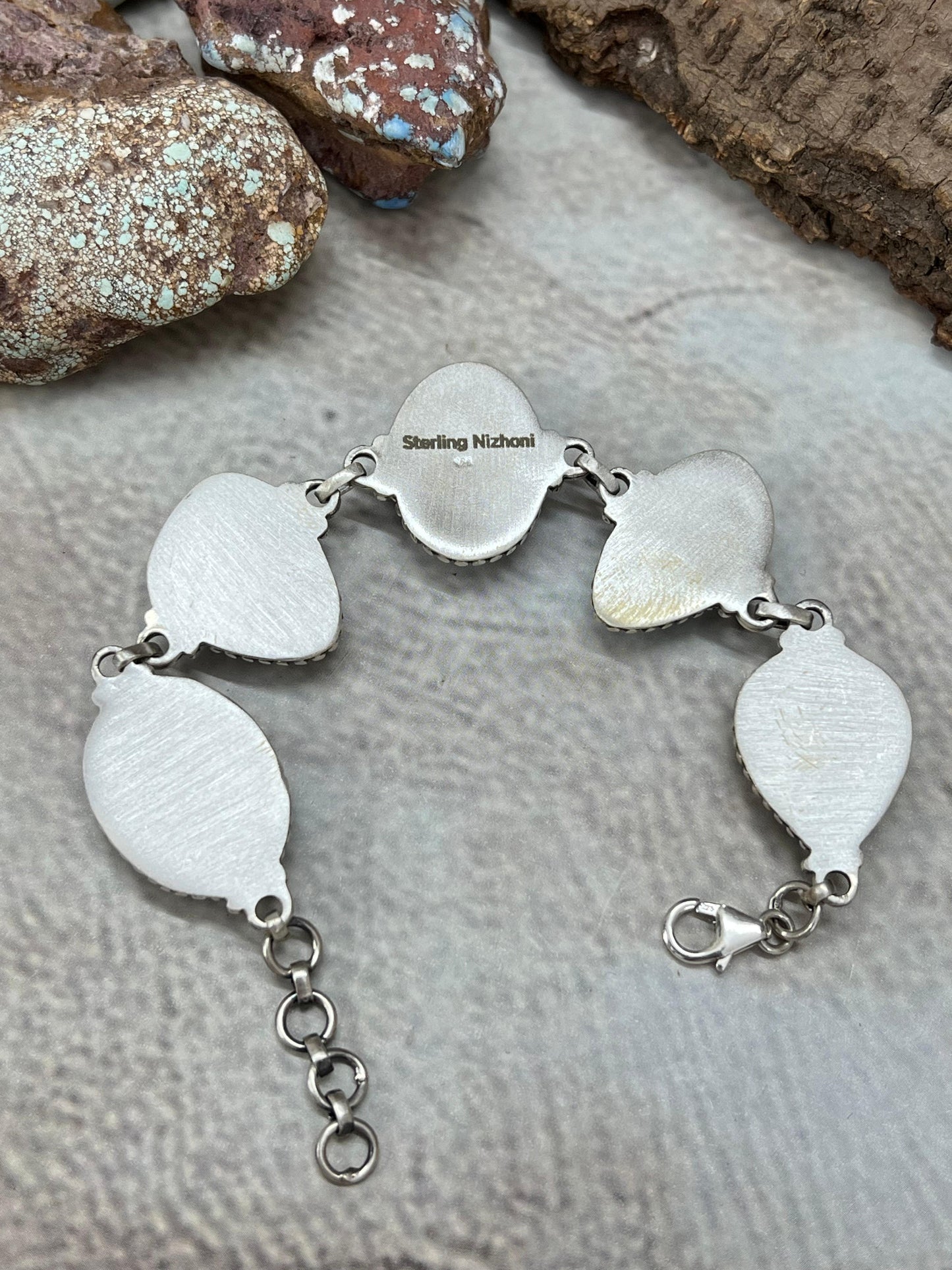 Handmade Sterling Silver Lander Turquoise Chain Bracelet with Signed Nizhoni