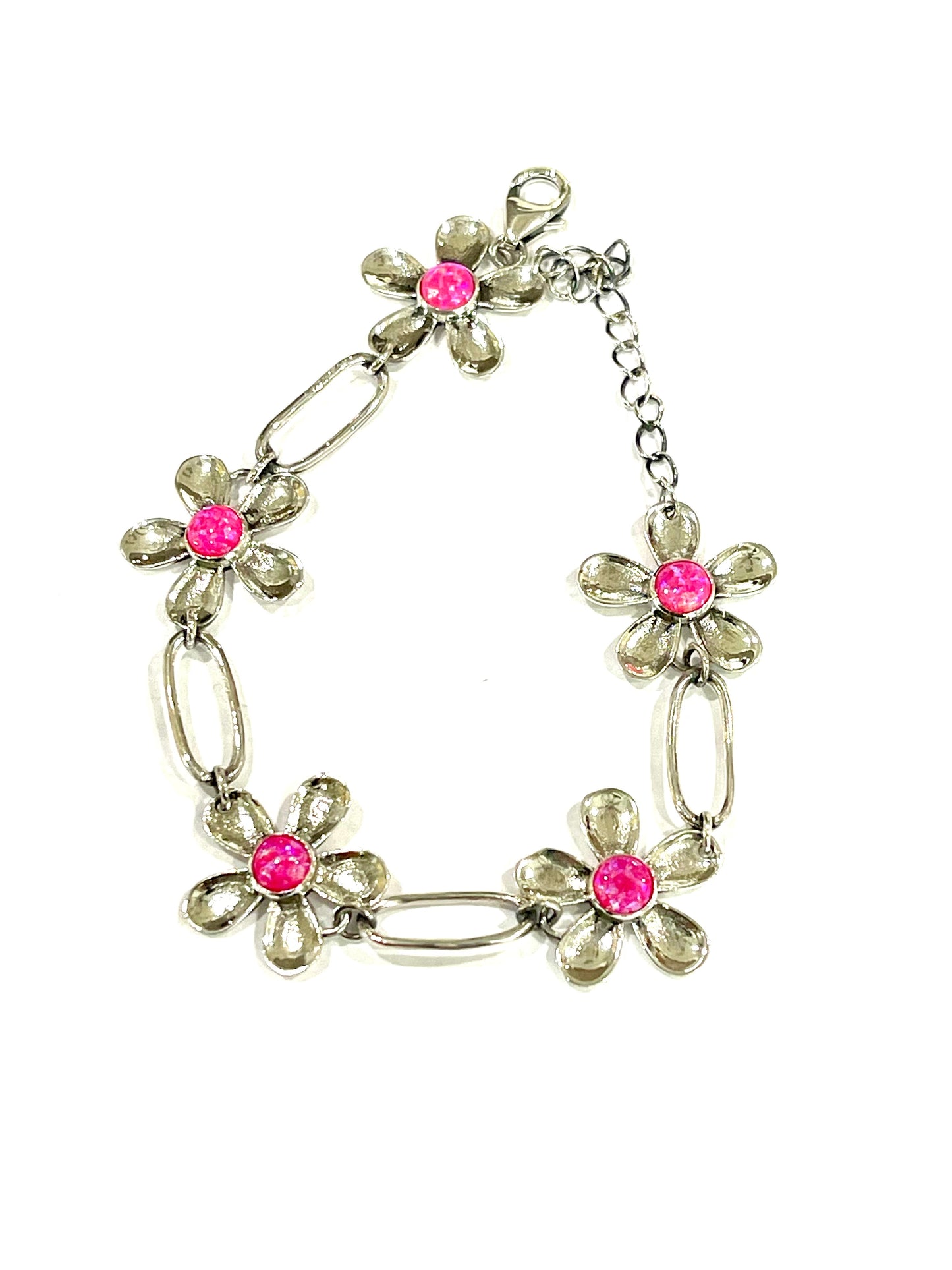 Handmade Sterling Silver & Pink Fire Opal Flower Bracelet