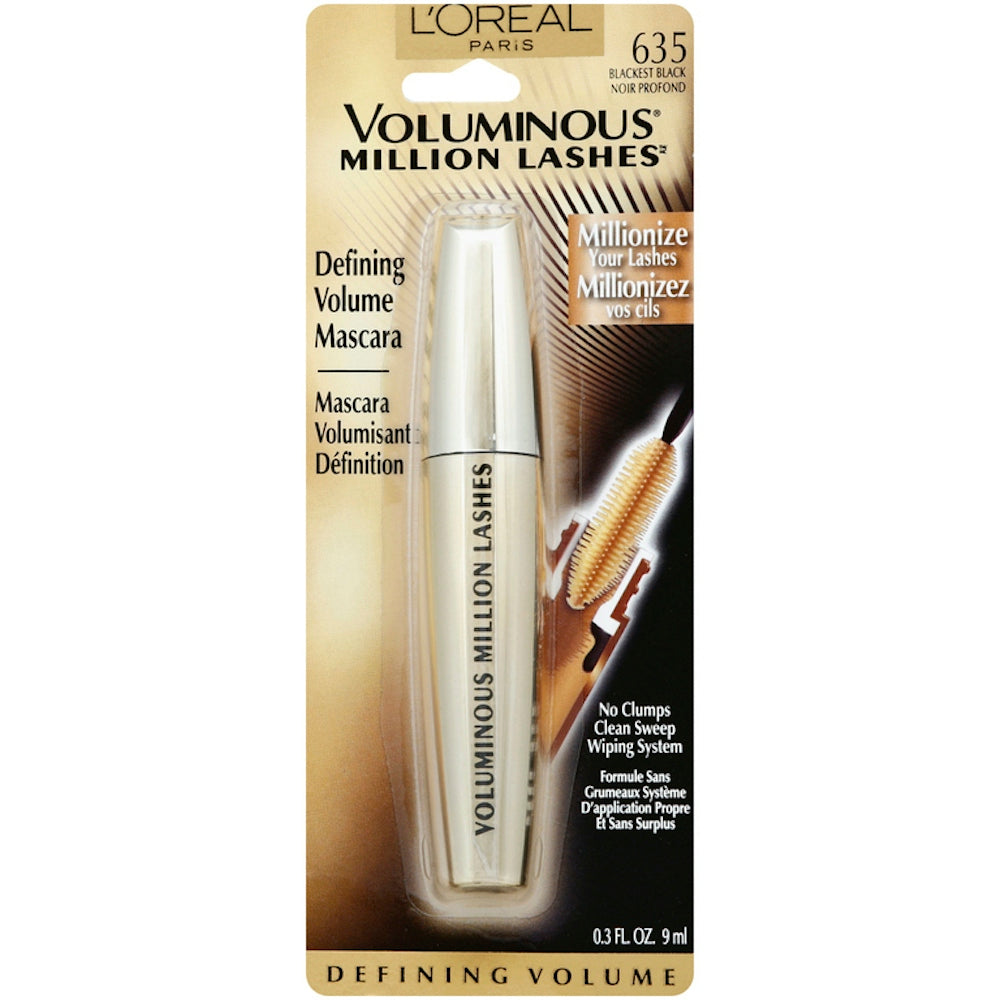 L'Oreal Paris Voluminous Million Lashes Waterproof Mascara 635 Blackest Black 0.3 Fl Oz