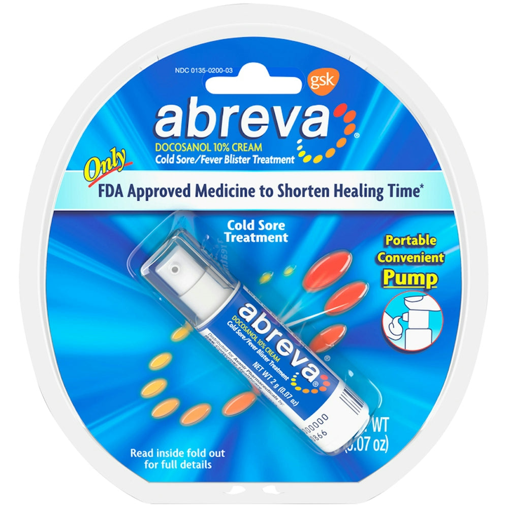 Abreva Docosanol 10% Cream Cold Sore/Fever Blister Treatment Portable Convenient Pump 2 G