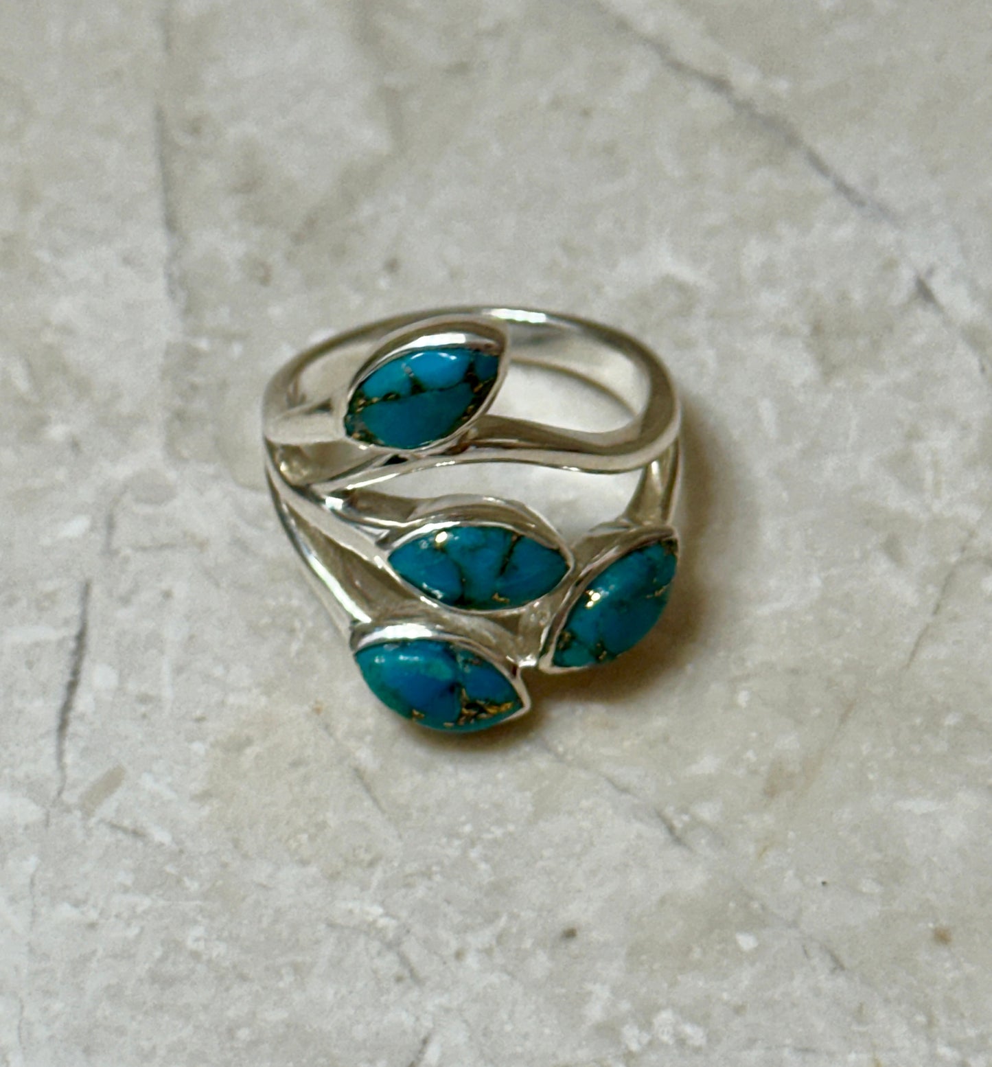 Four Stone Blue Copper Turquoise Sterling Silver Ring Size 7