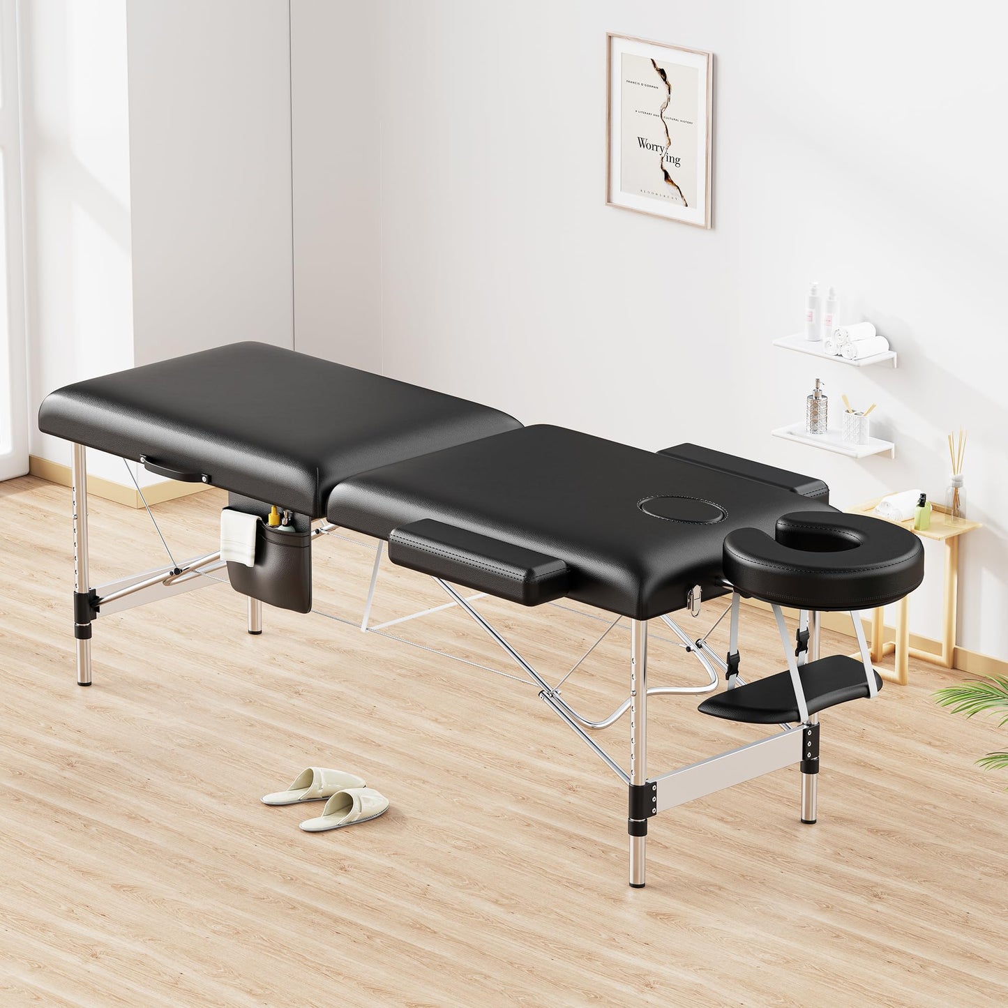 Brelley Massage Table Portable, 2-Fold Lash Bed with Side Pocket, Adjustable Height, Sturdy Aluminum Frame, Esthetician Spa Facial Bed, Tattoo Bed with Face Cradle & Carrying Bag, Black