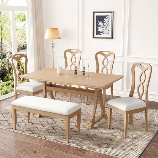 Retro 6-Piece Trestle Dining Table Set with Upholstered Dining Chairs