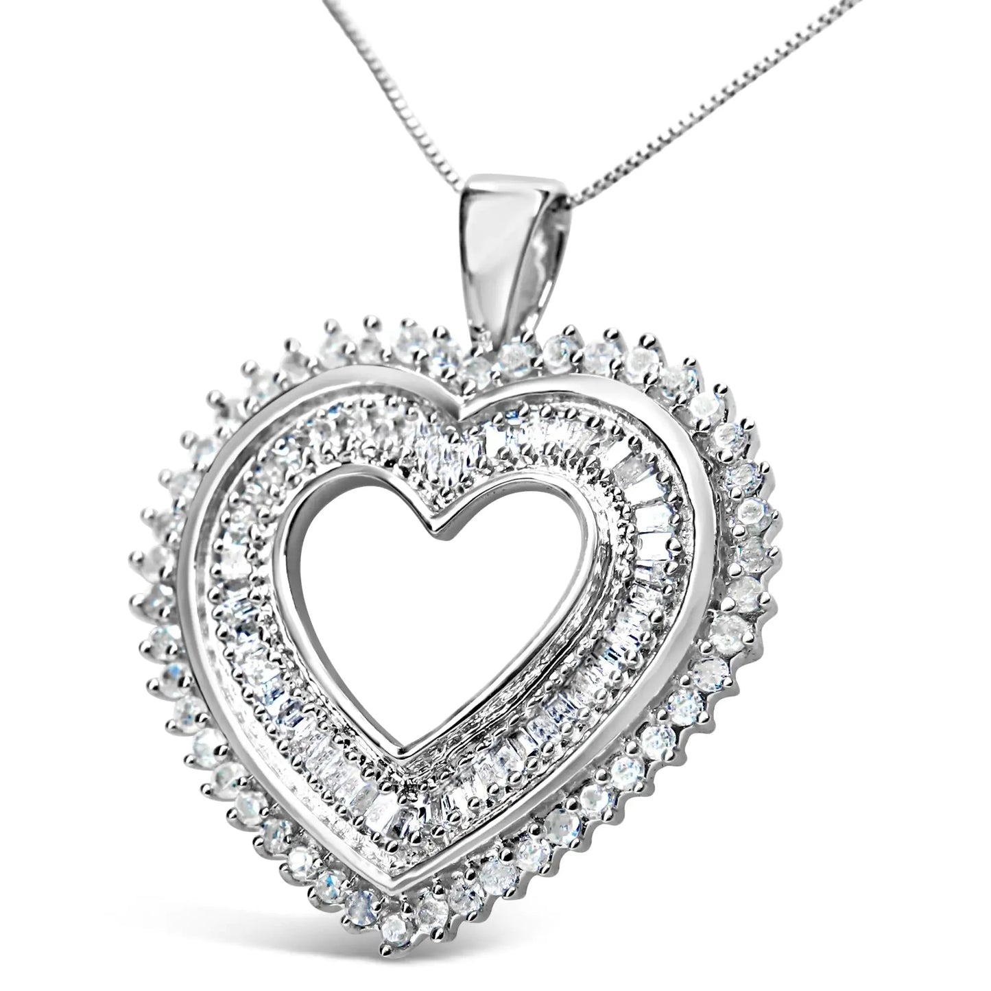.925 Sterling Silver 1.0 Cttw Baguette and Round Diamond Heart Pendant 18" Necklace (H-I Color, I3 Clarity)