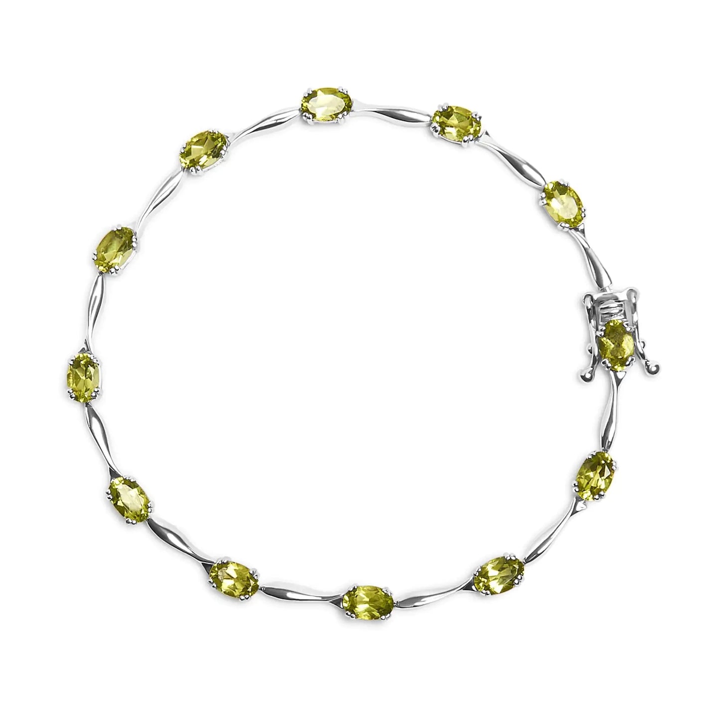 .925 Sterling Silver 5 1/2 Cttw Oval Shaped Created Green Peridot Link Bracelet - 7" Inches