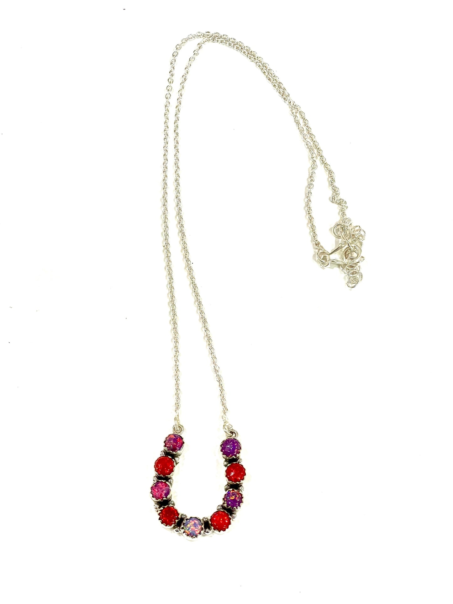 Handmade Sterling Silver, Red Fire Opal & Purple Fire Opal Horseshoe Necklace