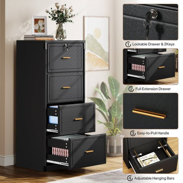 Vertical File Cabinet in Black Wood Finish with 4 Lockable Storage Drawers