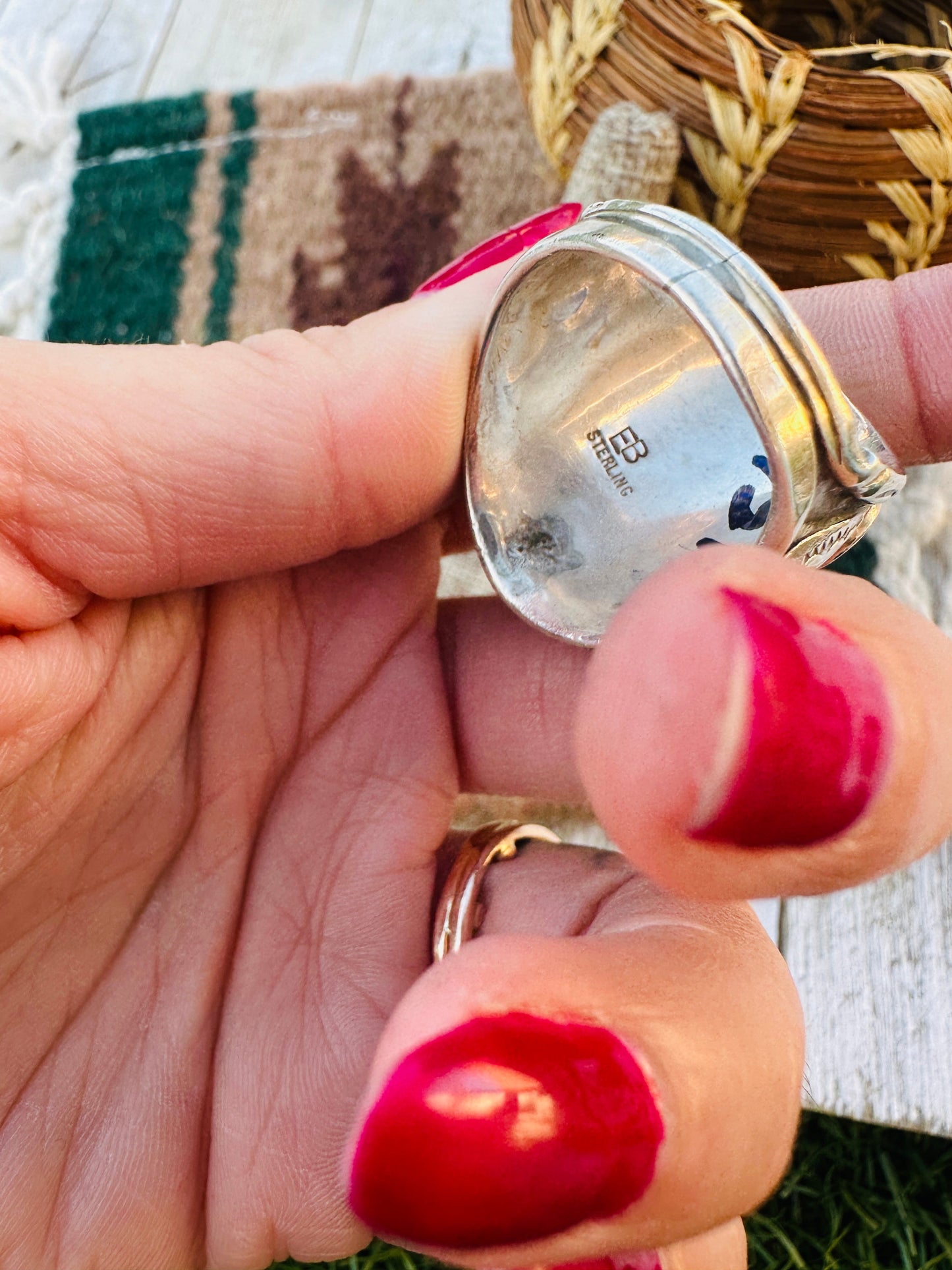 Old Pawn Handcrafted Turquoise & Sterling Silver Ring Size 12