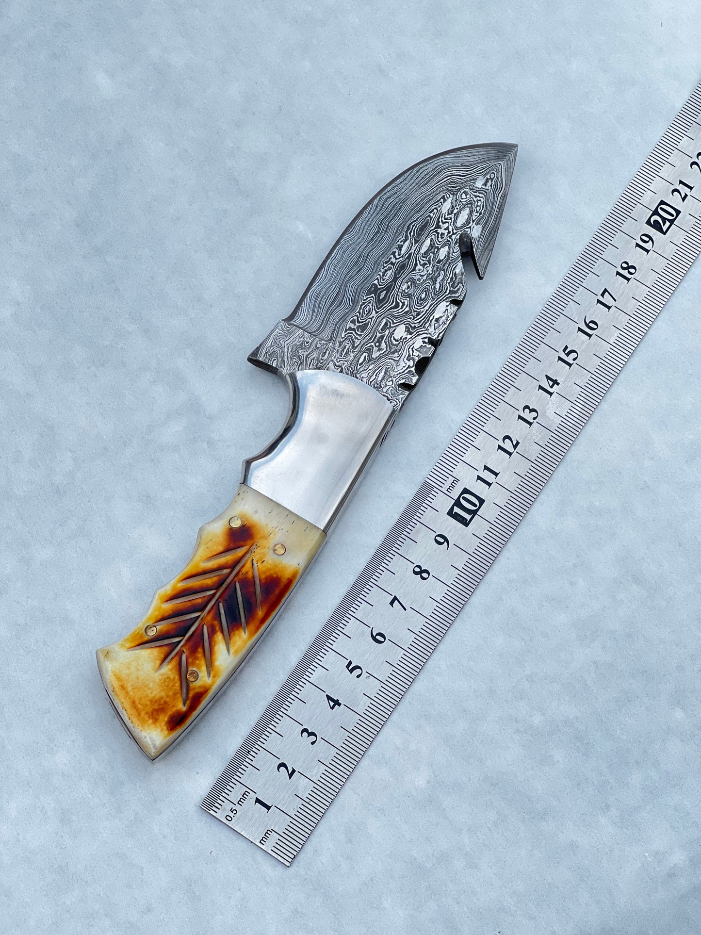 Damascus Steel Fixed Blade Knife with Camel Bone & Rosewood Handle - 7.5" Custom Pocket Knife with Leather Sheath