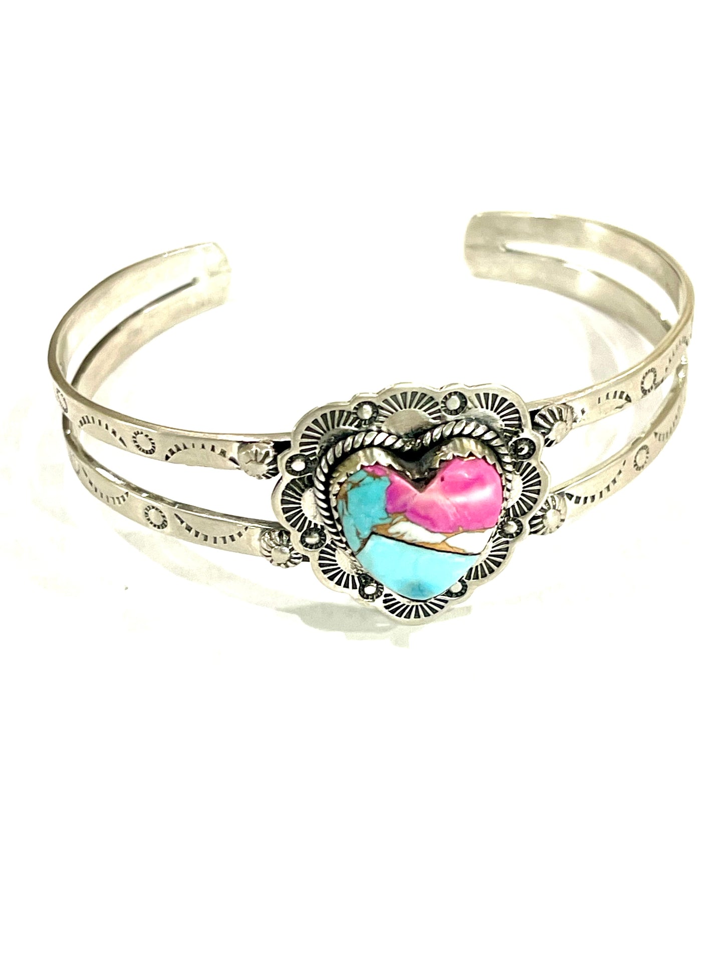 Handmade Sterling Silver & Cotton Candy Heart Cuff Bracelet