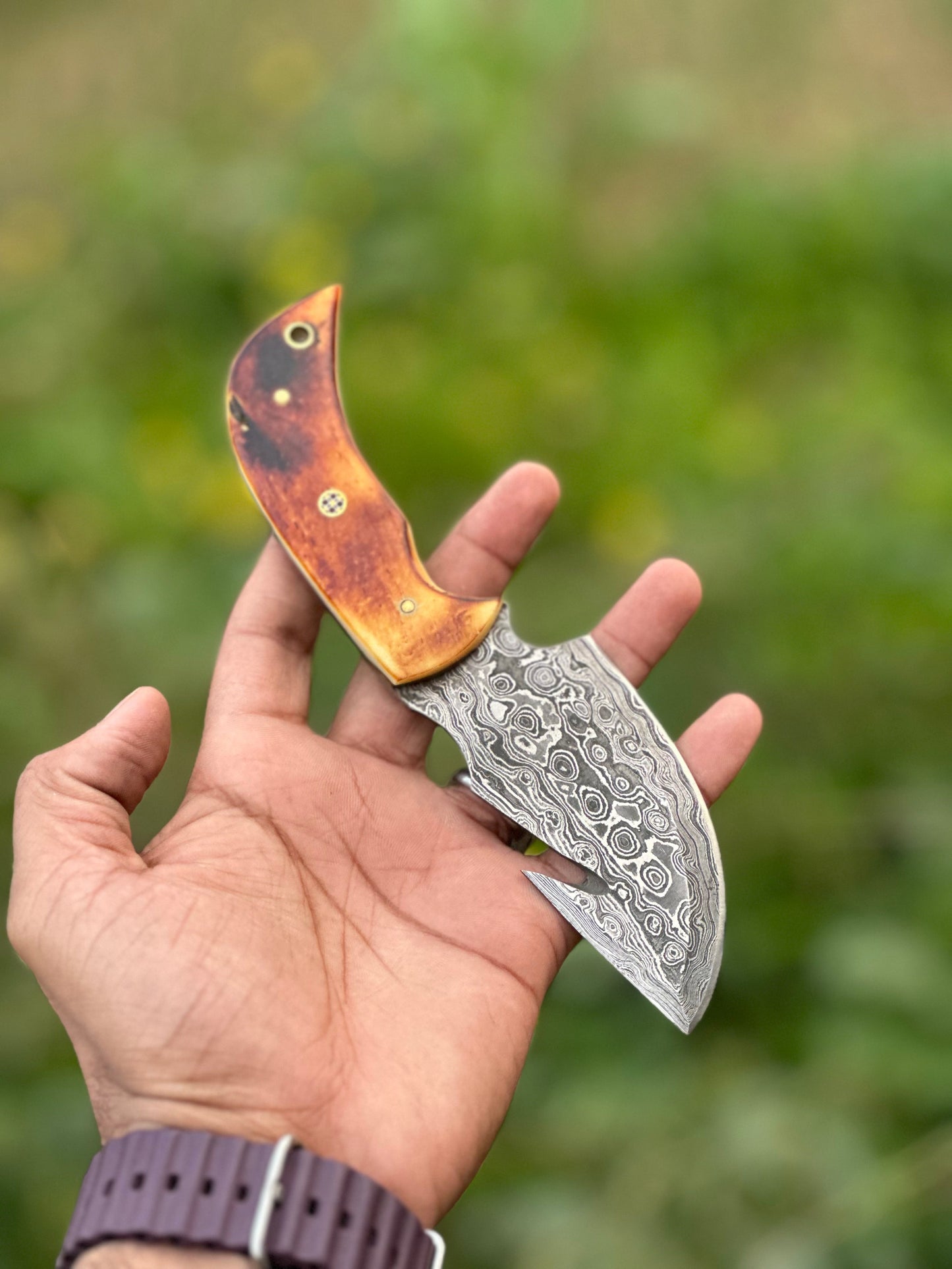 Custom Handmade Damascus Steel Guthook Skinning Knife with Camel Bone Handle - 7.5” Blade with Leather Sheath