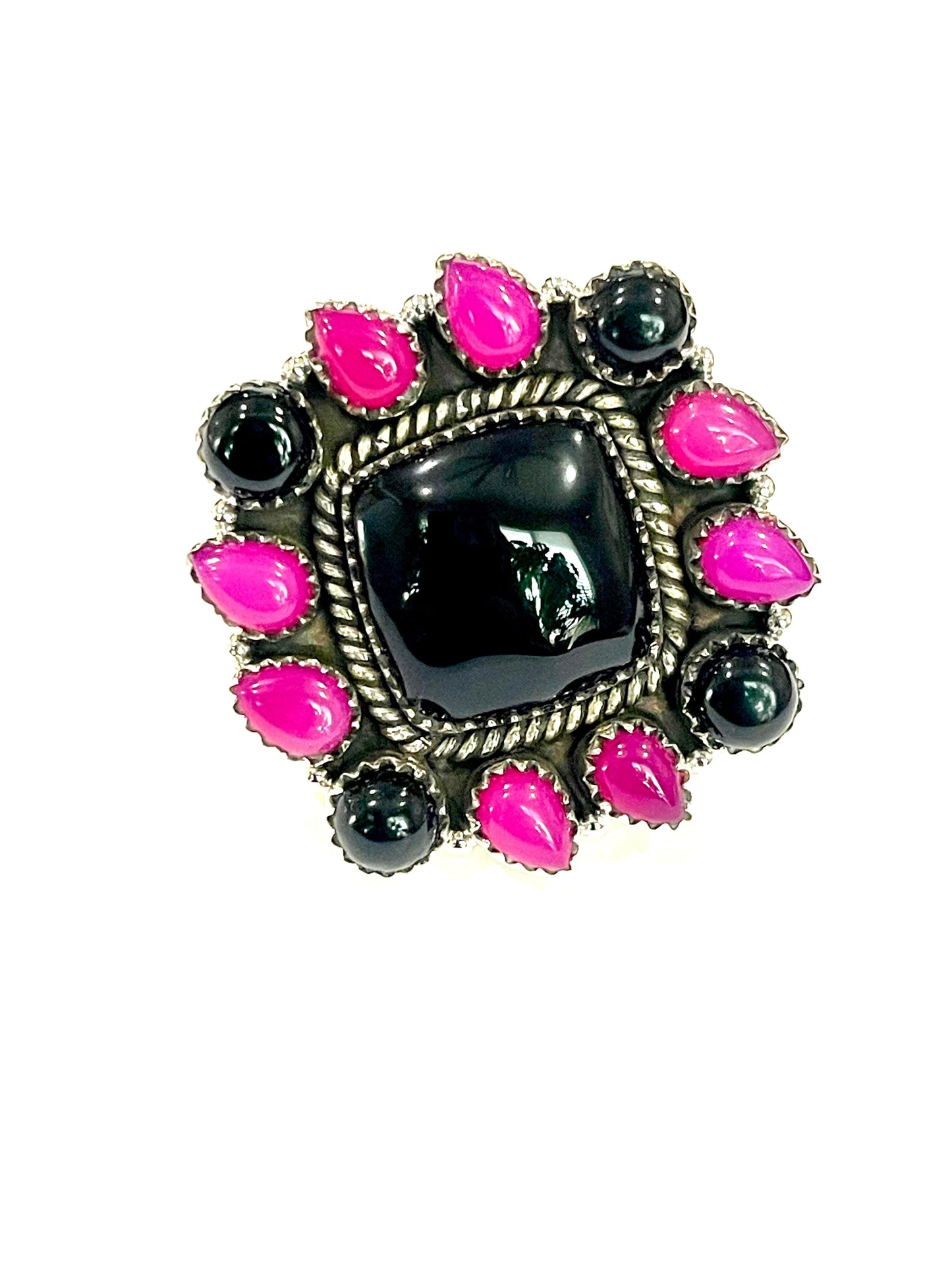 Handmade Sterling Silver, Onyx & Pink Onyx Cluster Adjustable Ring