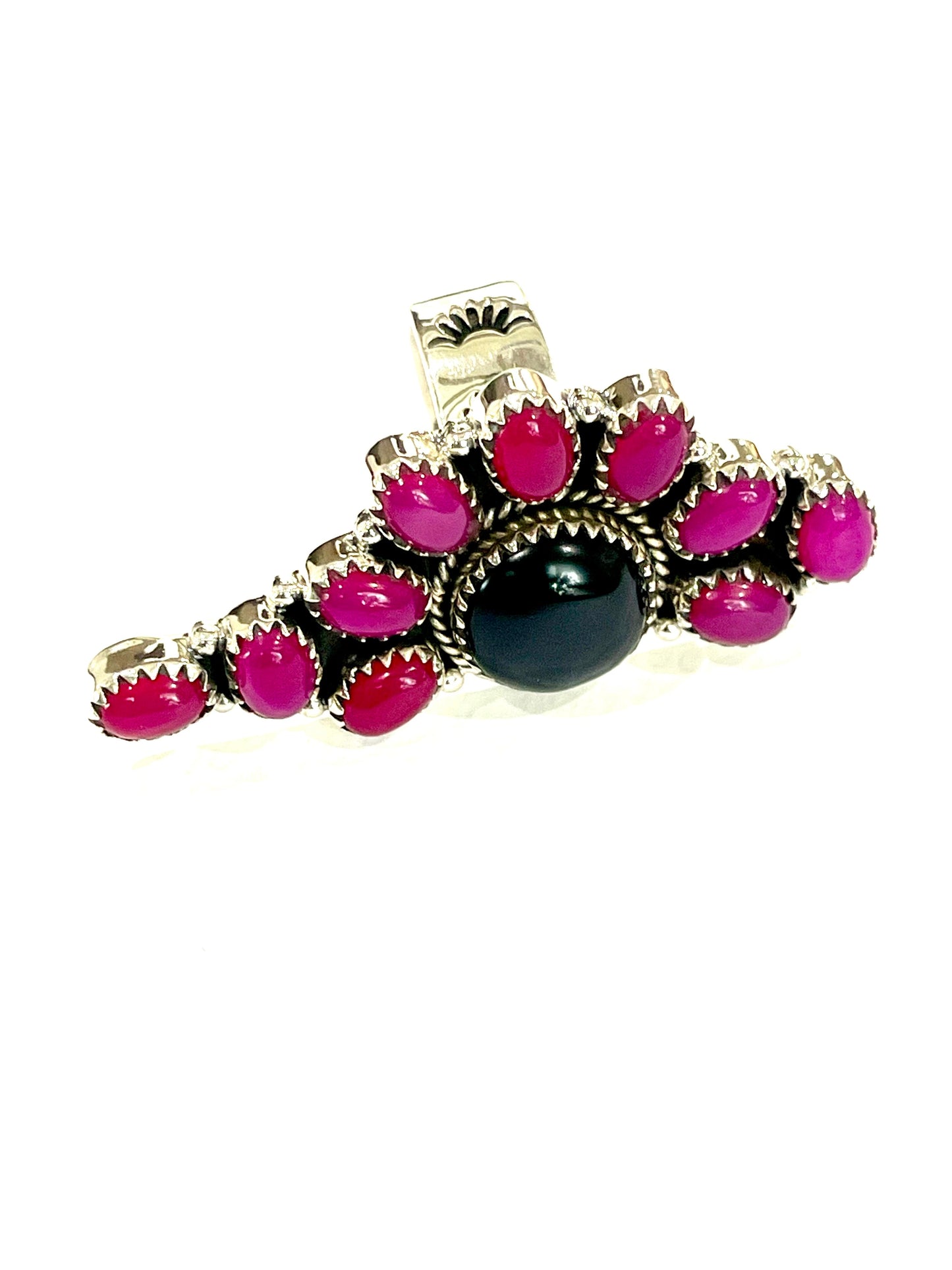 Handmade Sterling Silver, Onyx & Pink Onyx Cluster Adjustable Ring