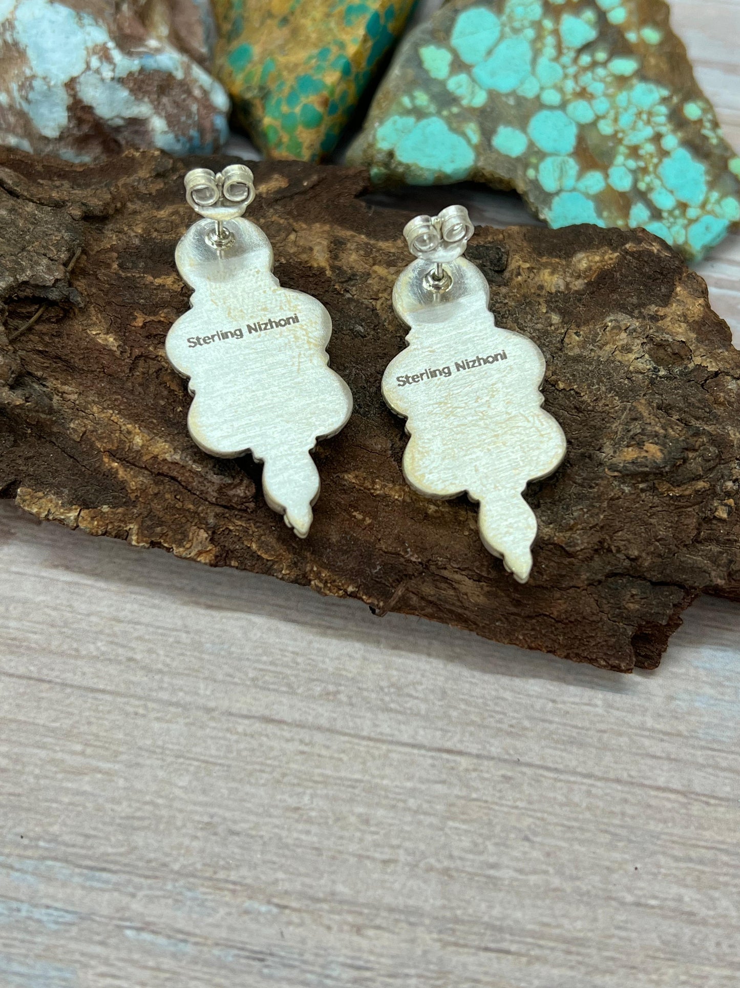 Handmade Sterling Silver White Buffalo Post Earrings with Signed Nizhoni