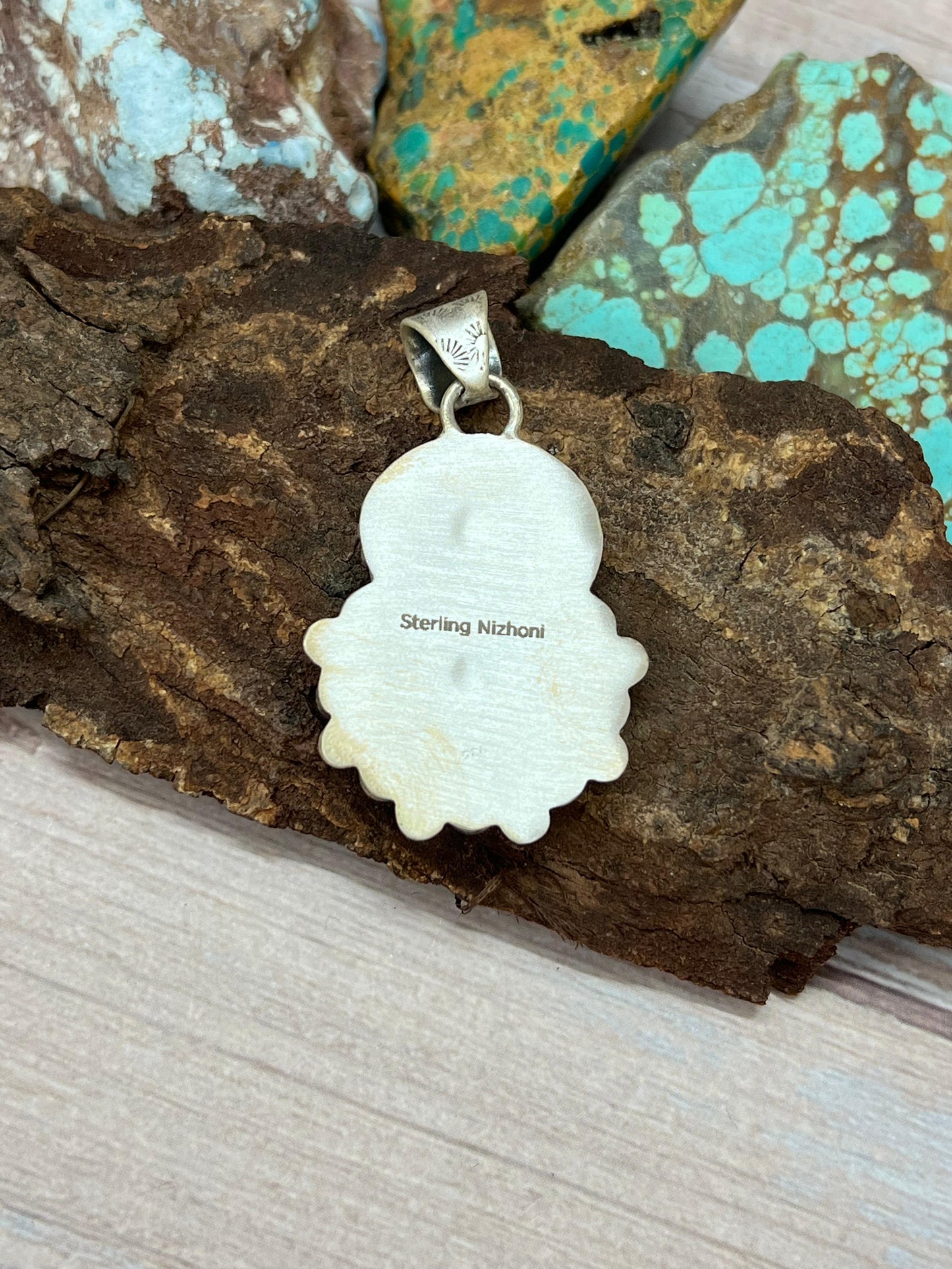 Handmade Sterling Silver Kingman Turquoise Pendant with Signed Nizhoni