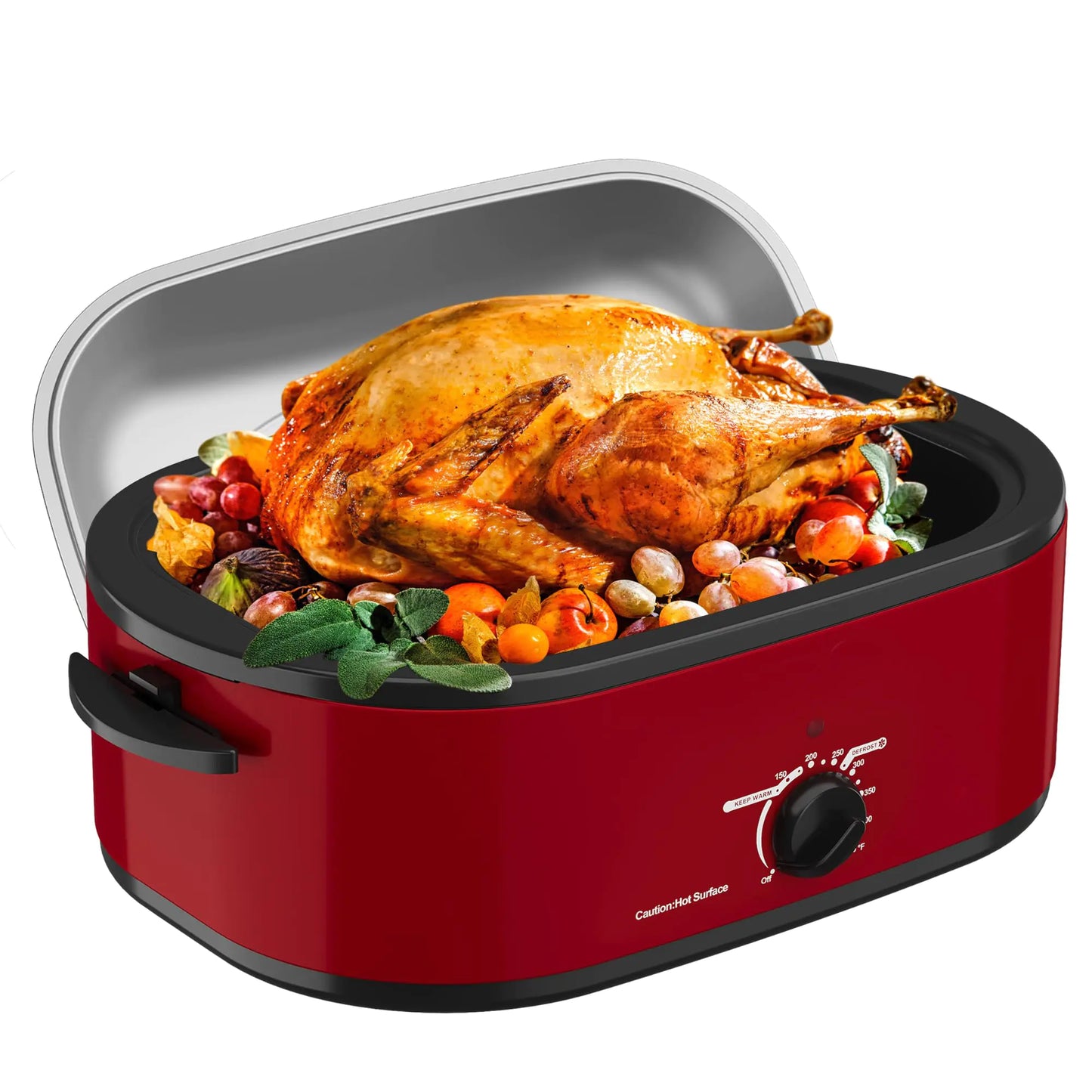 18 Quart Roaster Oven with Self-Basting Lid Turkey Roaster Oven with Defrost & Warm Function Adjustable Temperature Electric Roaster Oven With Removable Pan & Rack Stainless Steel Red