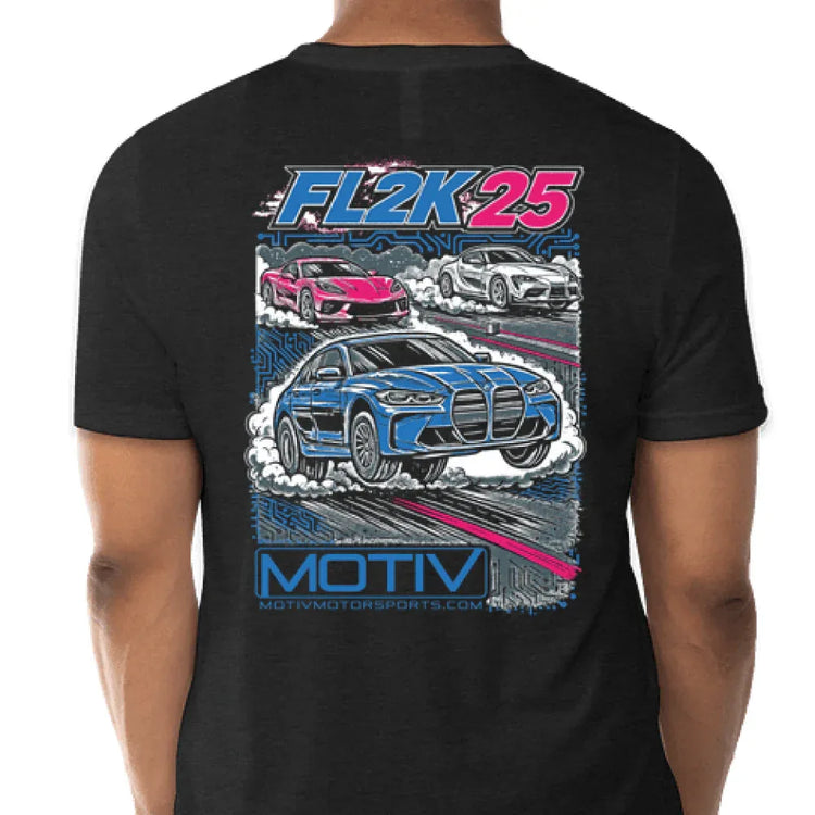 Black heather MOTIV FL2K 2025 shirt back view showing large MOTIV Motorsport logo print.