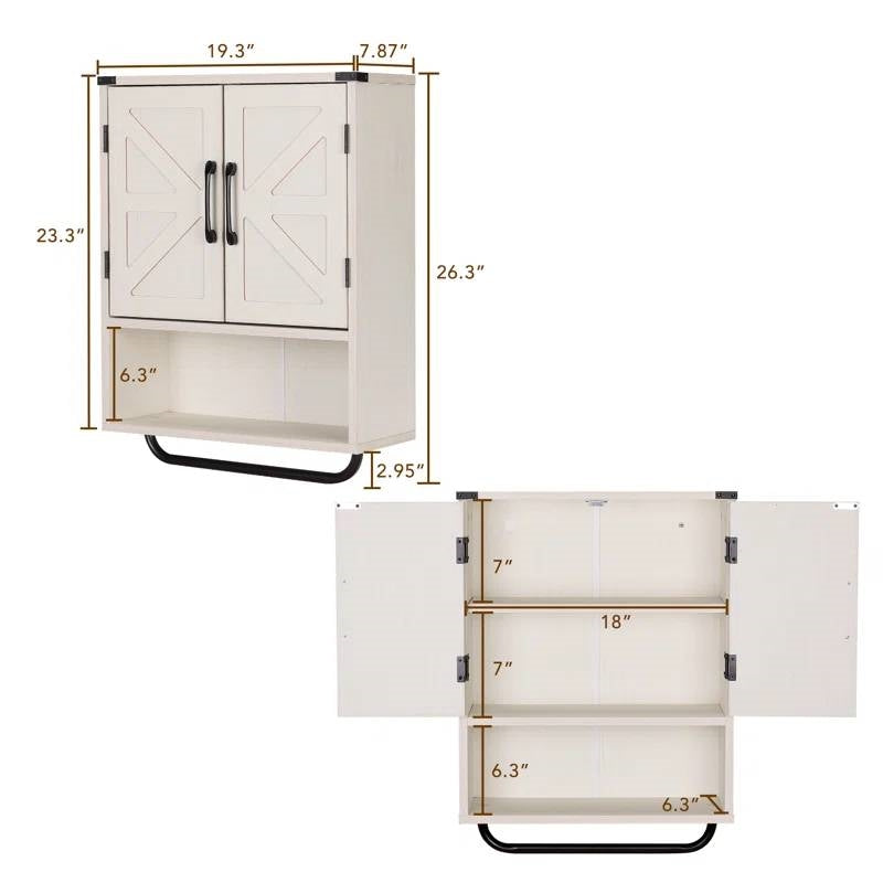White Farmhouse Bathroom Wall Cabinet with Storage Shelf and Towel Bar