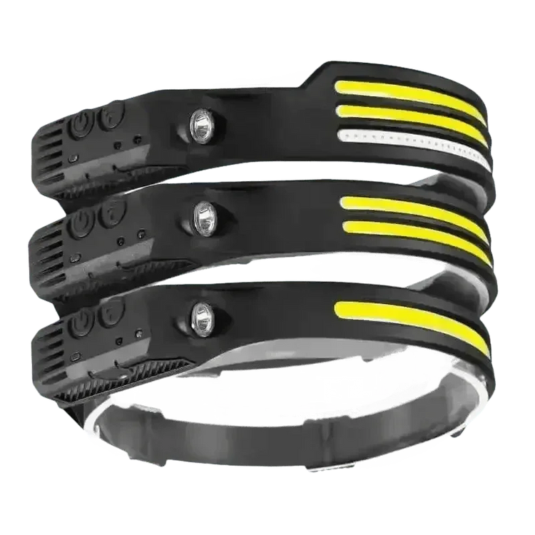 Black induction headlamp with adjustable elastic strap on white background