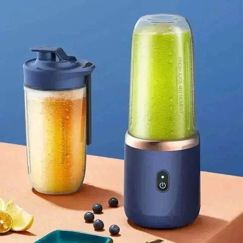 Blue portable sports juicer cup with a sleek design on a white background.