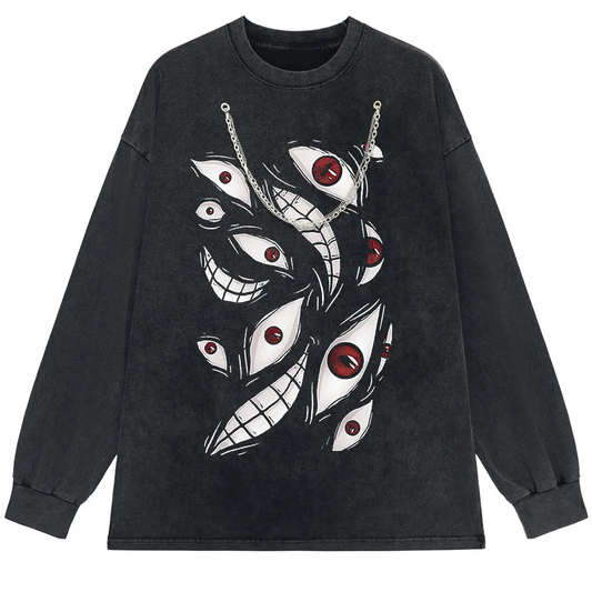 Harajuku Anime Eyes Graphic Washed T-Shirt Men Streetwear Cotton Tee
