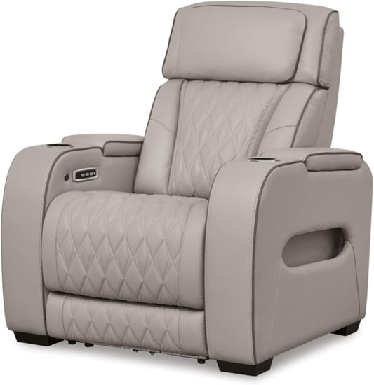 Light Gray Leather Power Recliner With Adjustable Headrest