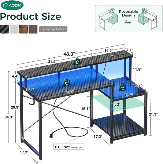48 Inch LED Gaming Desk With Power Outlet And Shelves