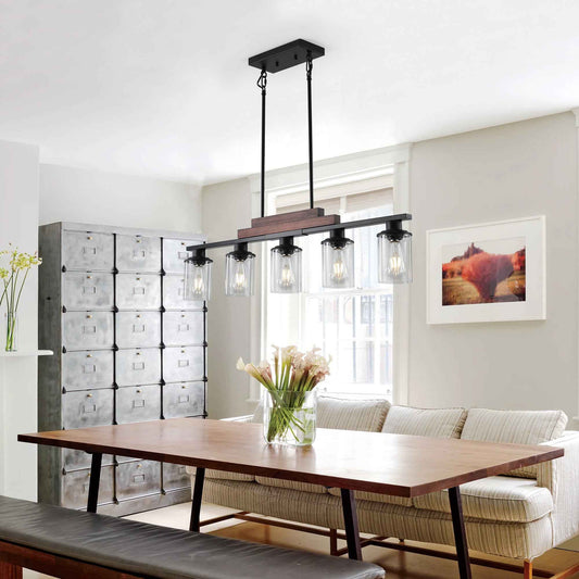 Farmhouse Industrial 5-Light Kitchen Island Pendant Light, Metal Wood