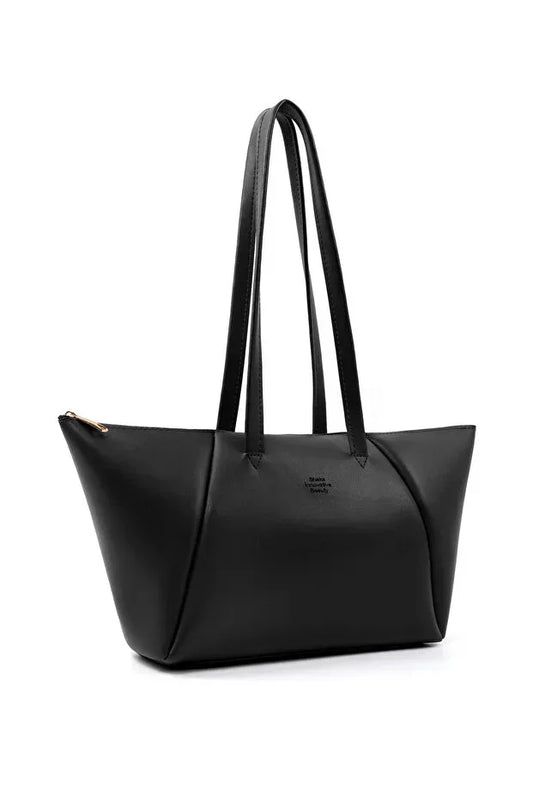 Black Faux Leather Compartment Zipper Hand Shoulder Crossbody Bag