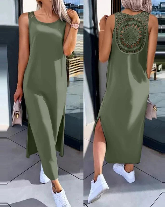 Womens Dresses 2024 Summer Fashion Slit Hollow-Out Casual Plain Round Neck Sleeveless Daily Straight Mid-Calf Dress