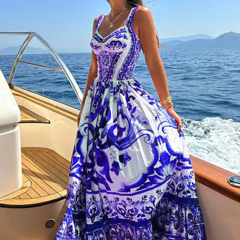 Printed Sleeveless Spaghetti Strap Dress with Waist Control