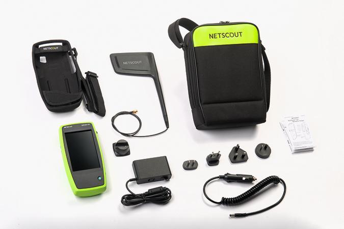 Netscout AirCheck G2 Wireless Network Tester Kit with compact handheld device and accessories in a carrying case