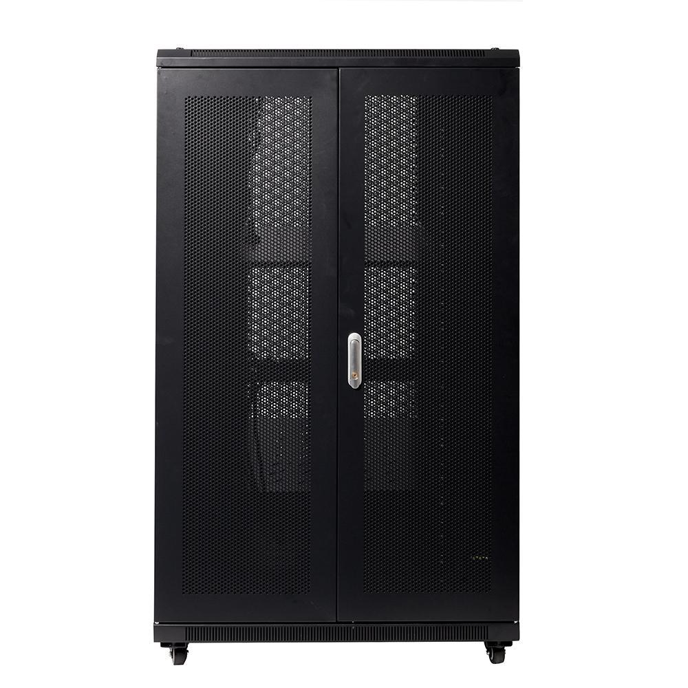 Half-height server rack with bi-fold mesh doors, 27RU, 800mm wide by 1000mm deep, freestanding design